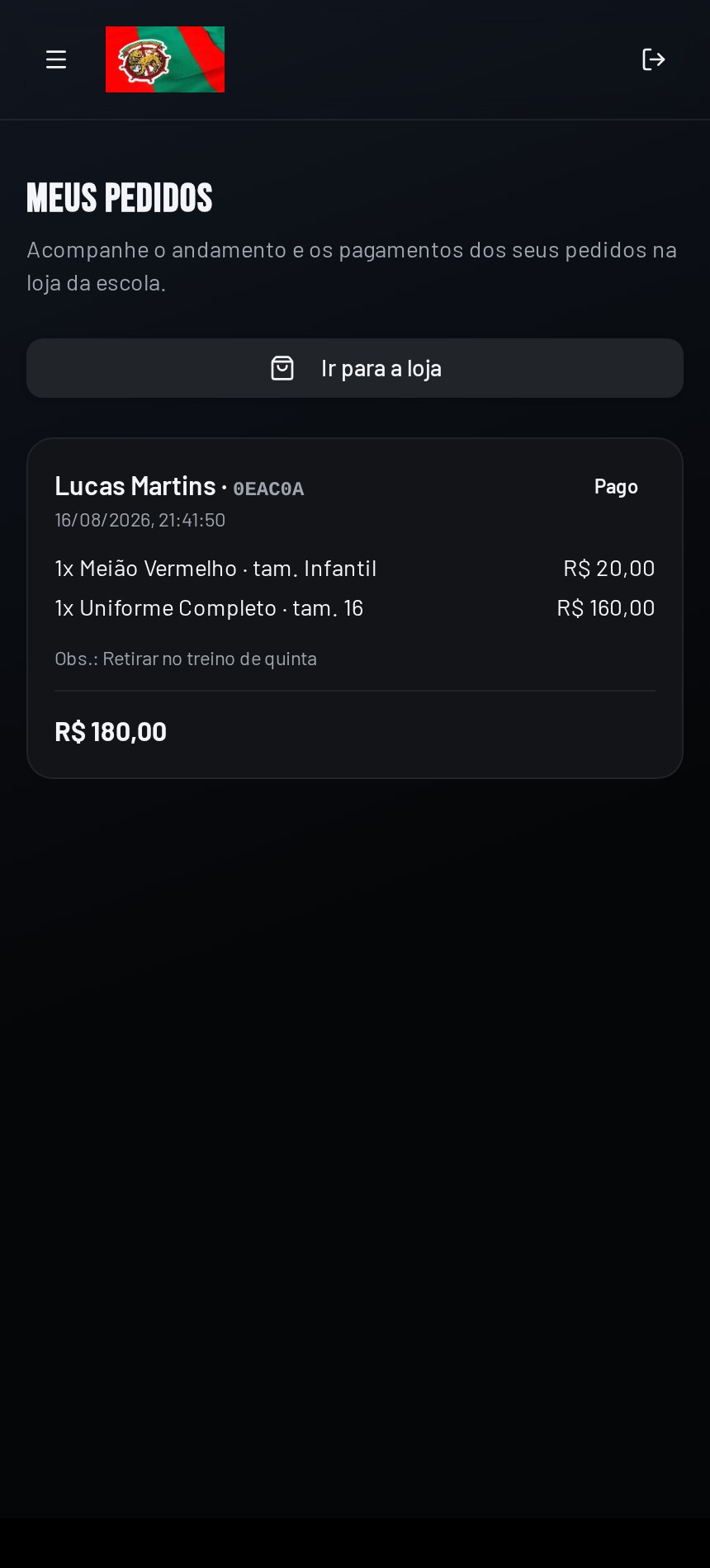 Tela de meus pedidos mostrando pedido pago
