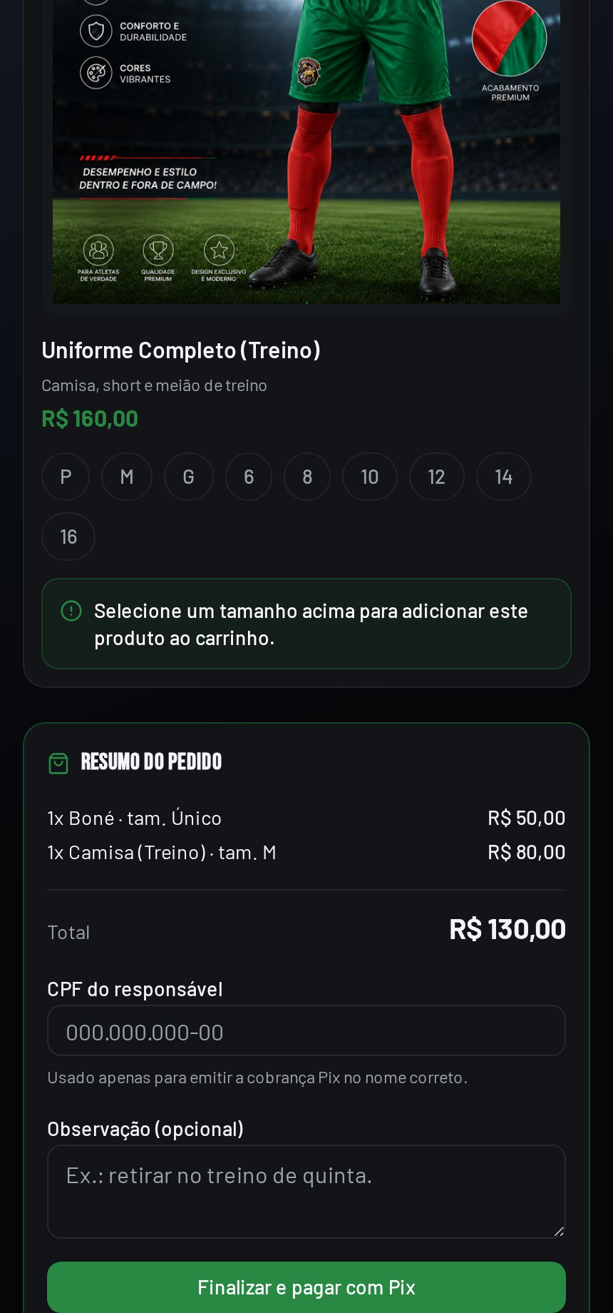 Resumo do pedido com total e botão de pagar com Pix